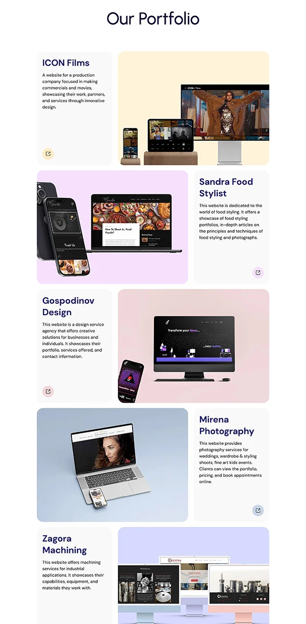 A portfolio page showing six web design projects: ICON Films, Sandra Food Stylist, Gospodinov Design, Mirena Photography, and Zagora Machining, with computer and mobile screenshots.